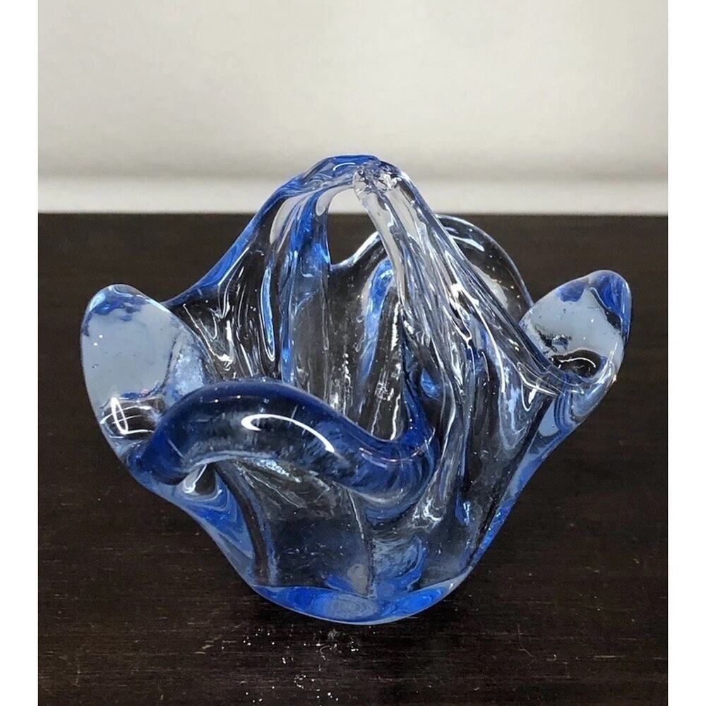 Vintage Murano Mini Basket‎ Blue Glassware Crystal Art Glass Freeform 3"